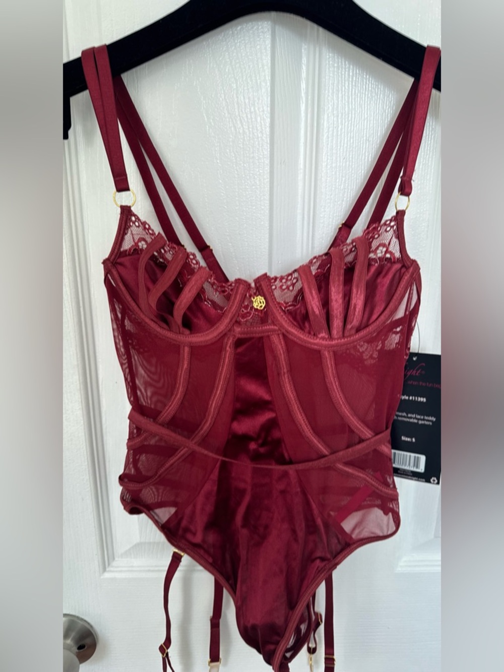 Wine Red Satin & Lace Bodysuit with Garter Straps